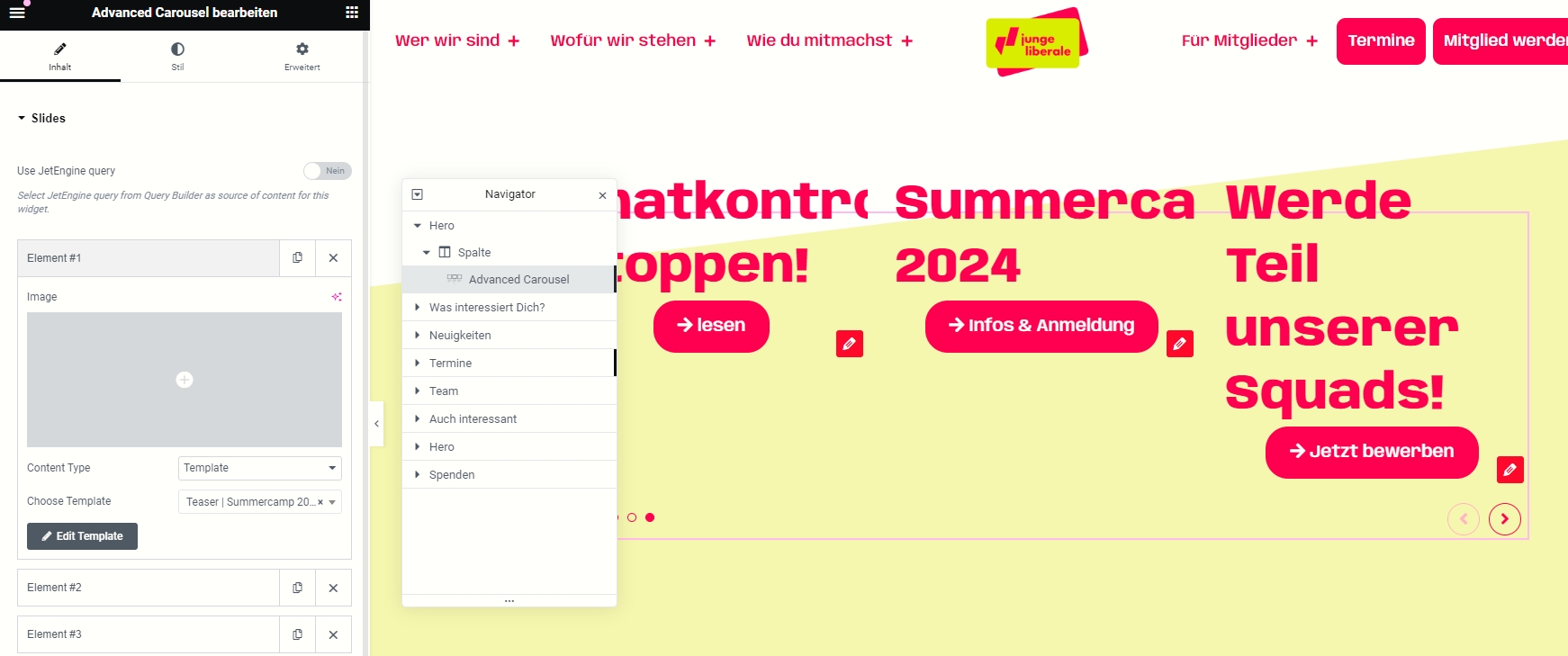 Einstellungen des Advanced Carousels