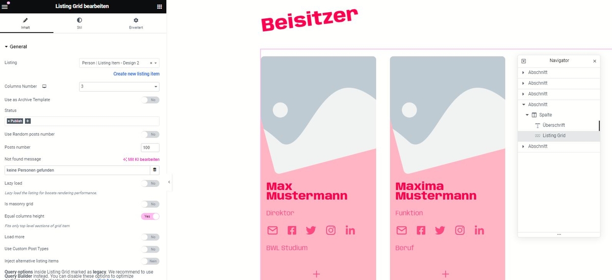 Listing Grid auf der Personenseite